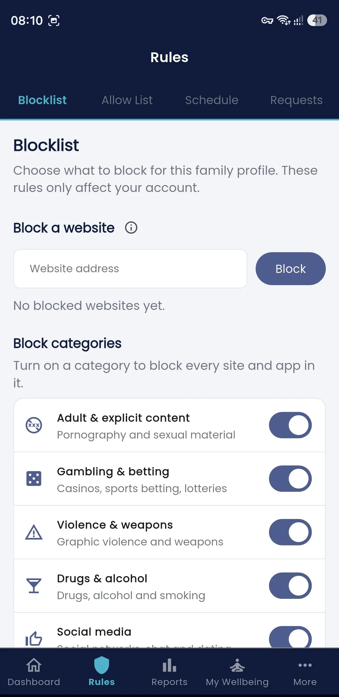 Fyltec blocklist — block a website or whole categories