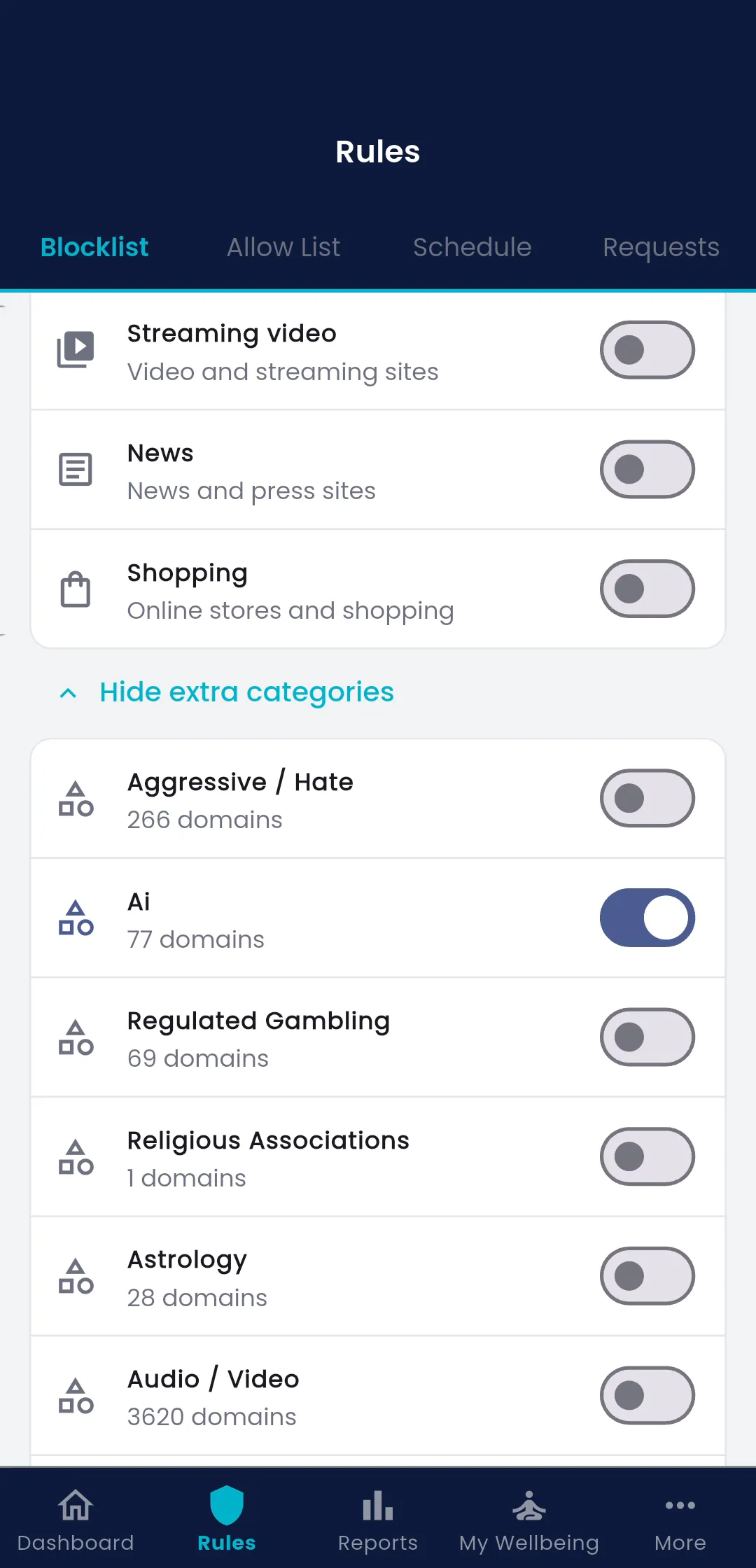 More Fyltec categories, from streaming and shopping to AI and hate sites