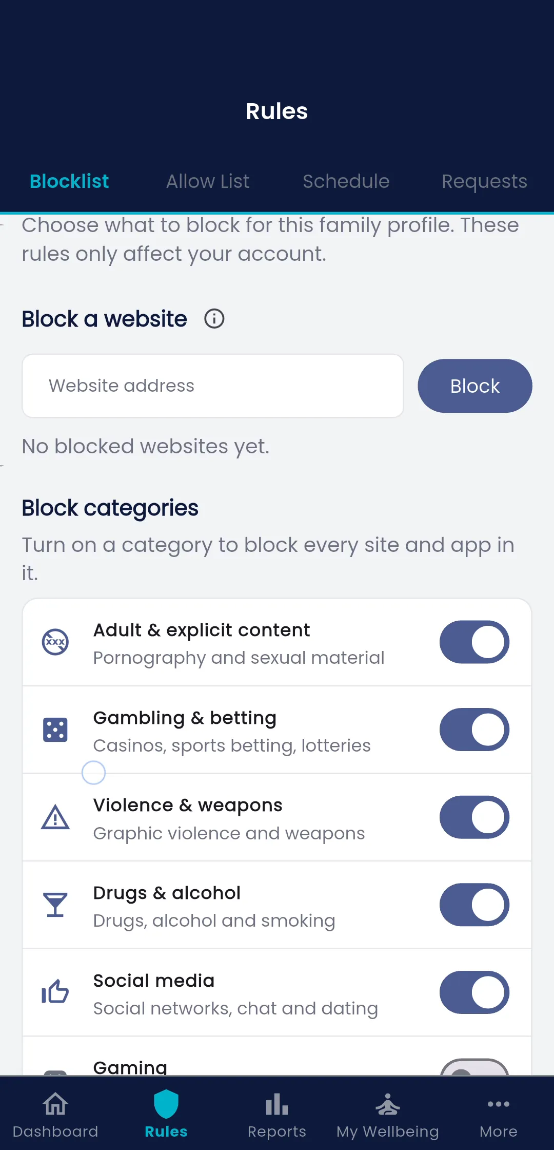 Fyltec parent app blocklist with content categories switched on
