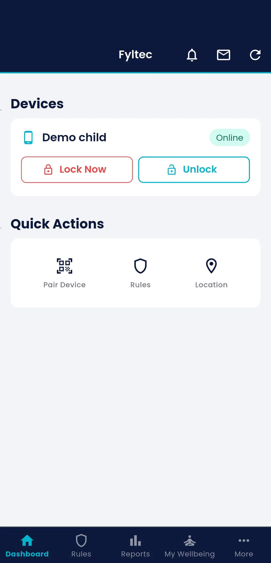 Fyltec parent dashboard with a child device online and Lock Now and Unlock buttons