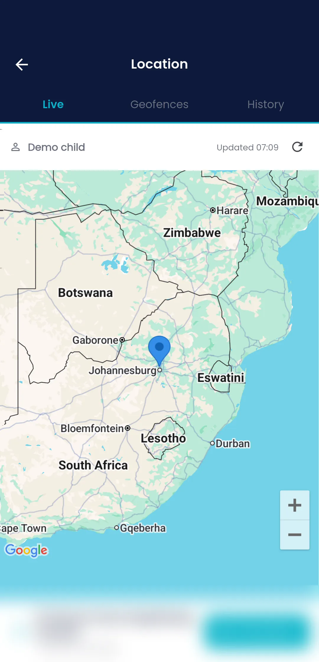 Fyltec location map showing a child device's latest position