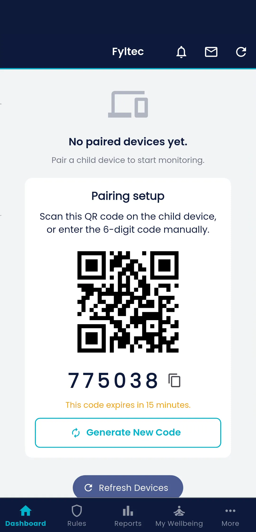Fyltec parent app showing a QR code and 6-digit code to pair a child device