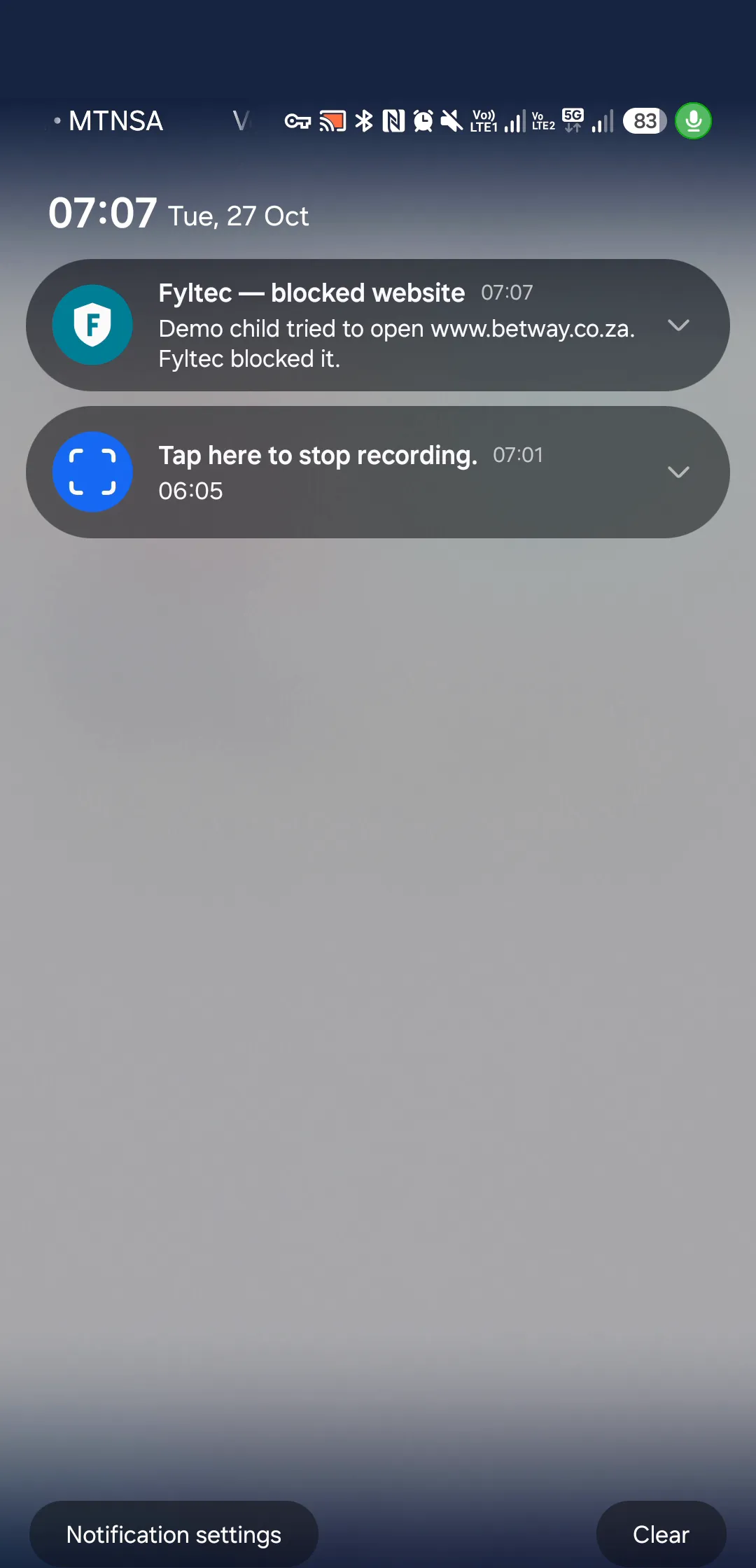 Notification on the parent phone: Fyltec blocked a website the child tried to open