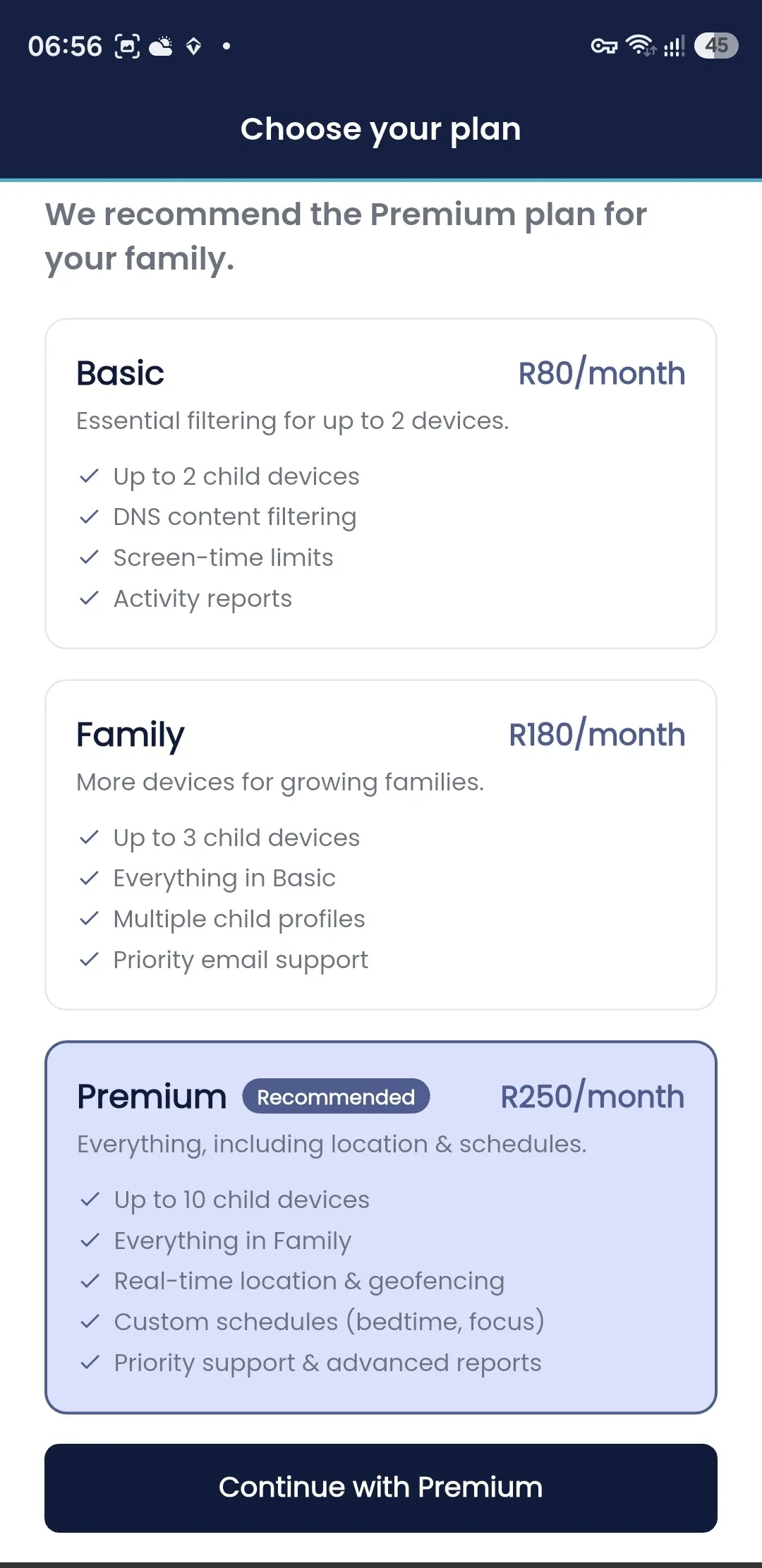 Fyltec plans with South African pricing — Basic, Family and Premium