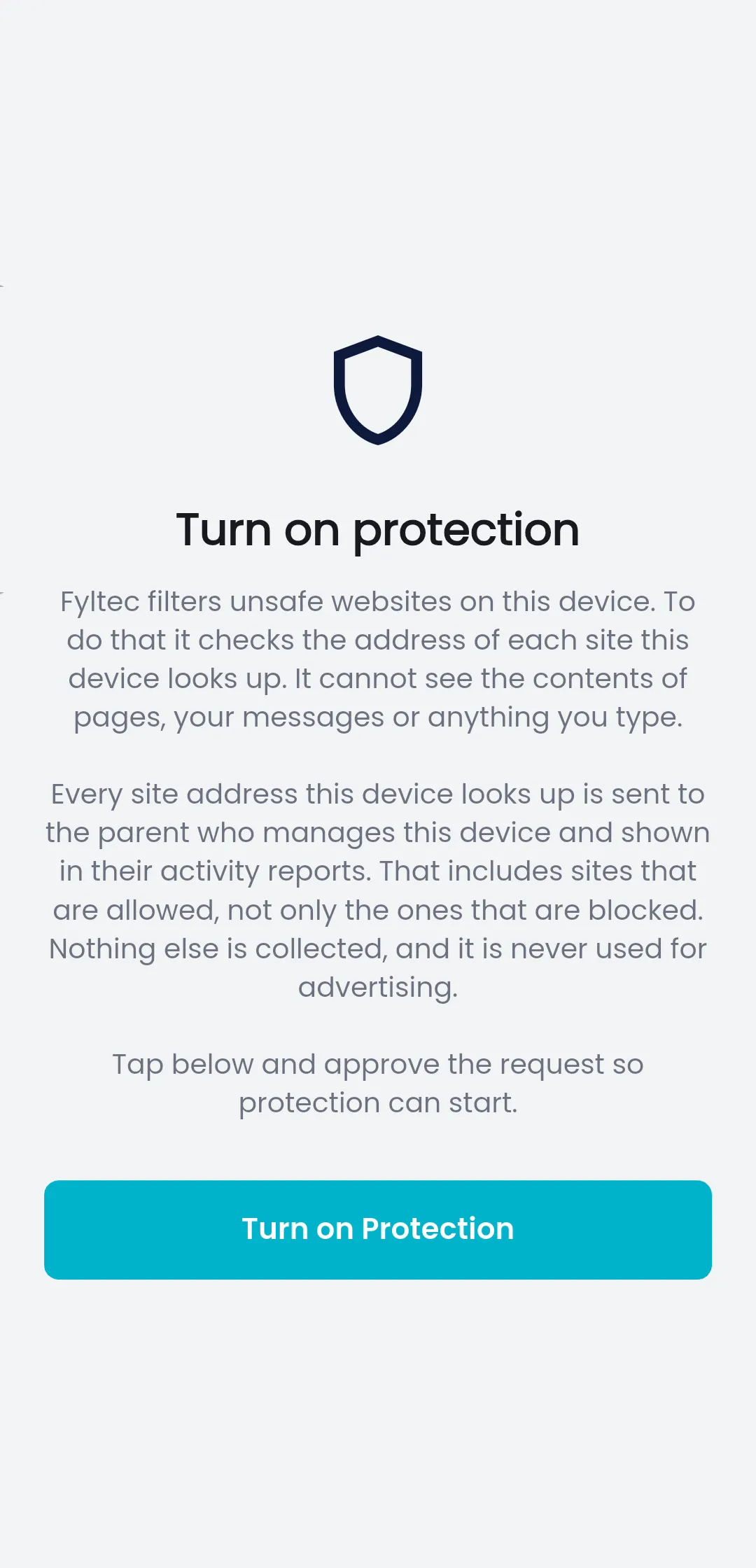 Fyltec screen explaining what the content filter checks and what it never sees