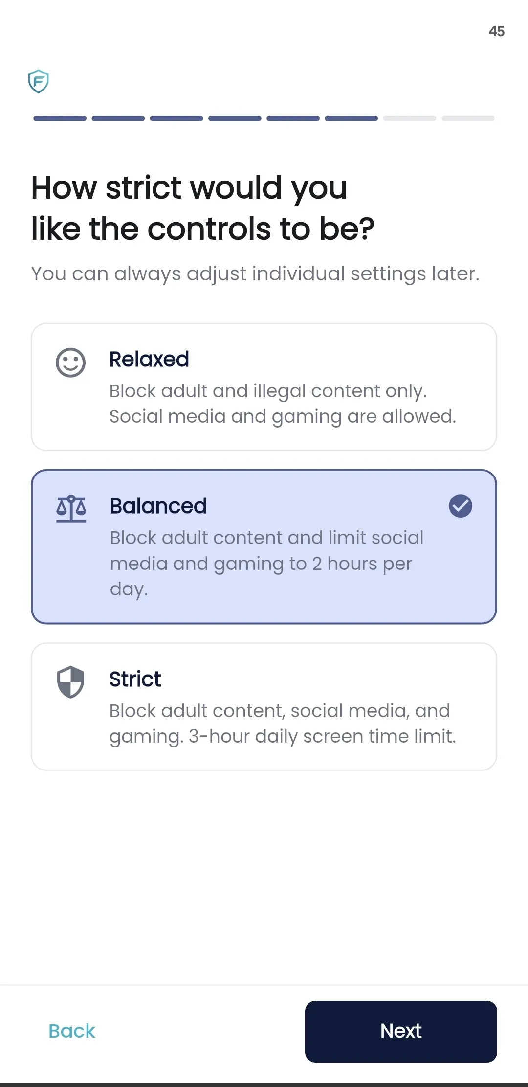 Fyltec parental control app showing relaxed, balanced and strict filtering presets