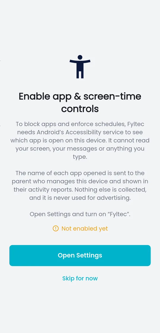Fyltec screen explaining the Android app and screen-time controls permission