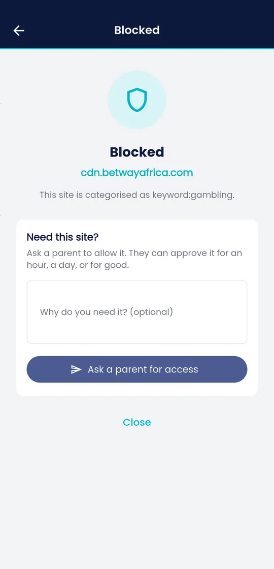 Fyltec blocked screen on a child's phone with a button to ask a parent