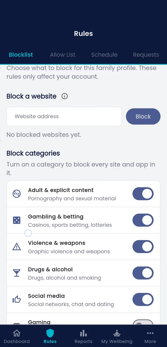 Fyltec blocklist with adult, gambling, violence, drugs and social media switched on