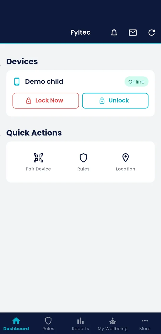 Fyltec parent dashboard with Lock Now and Unlock buttons