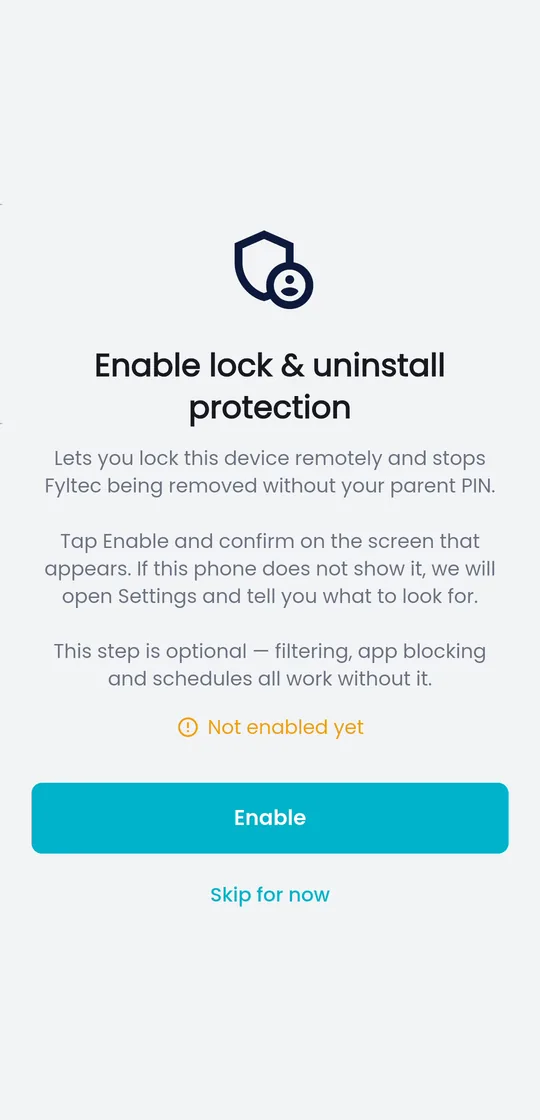 Fyltec screen for lock and uninstall protection on an Android child device