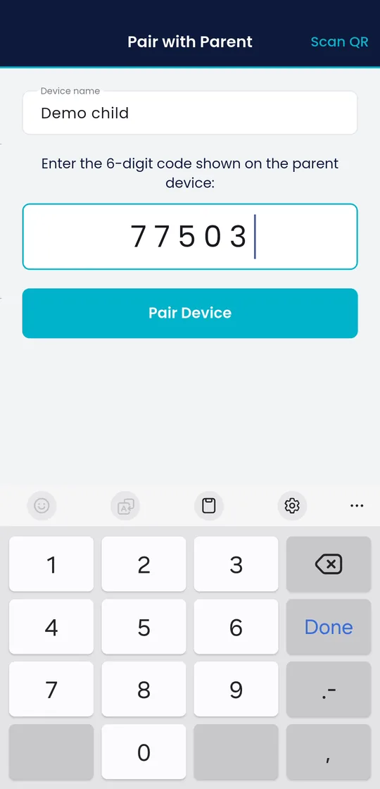 Fyltec on the child's phone with the 6-digit pairing code entered