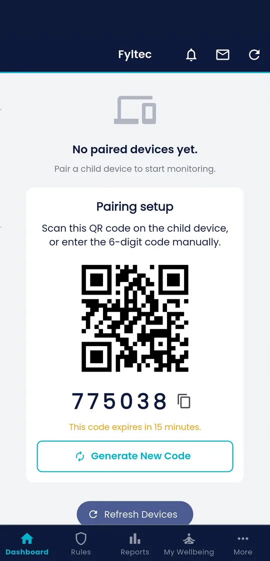 Fyltec parent app showing a QR code and 6-digit pairing code