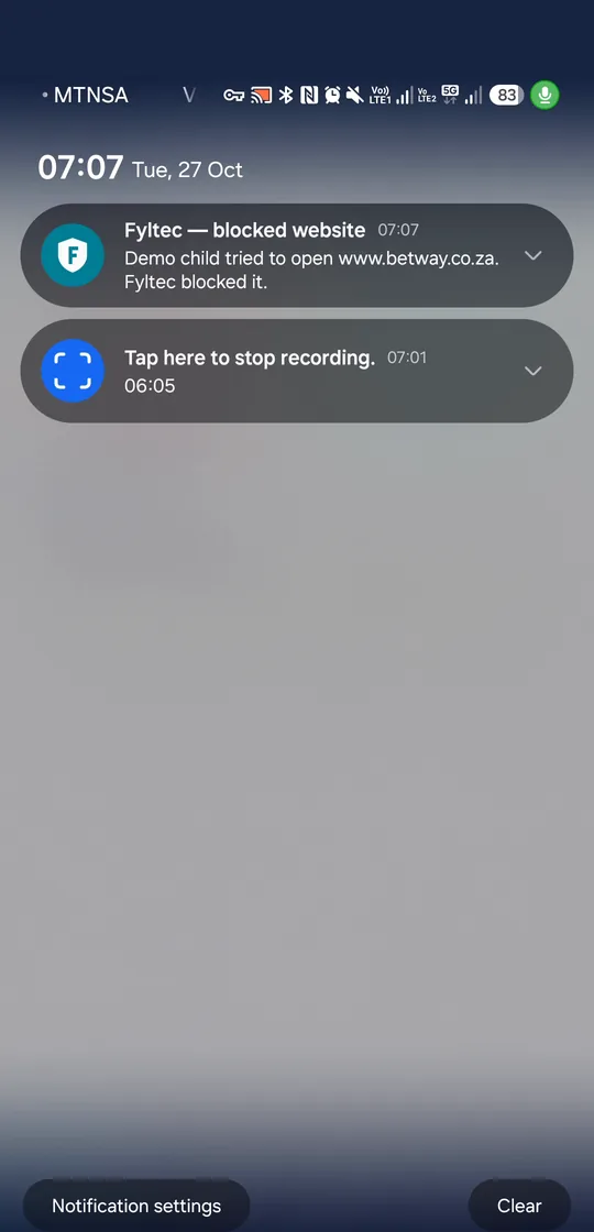 Notification on the parent's phone that Fyltec blocked a website