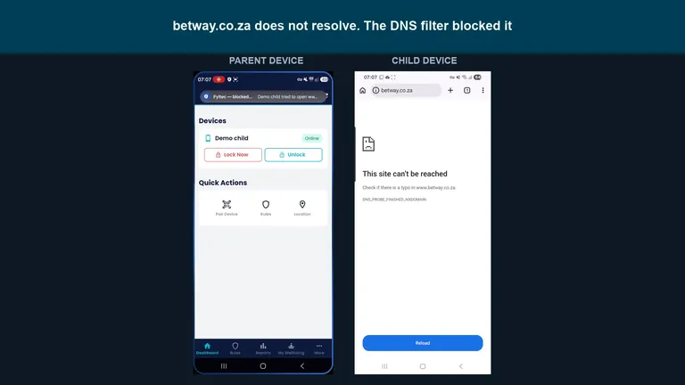 Watch: a blocked site on the child's phone, and the parent alert